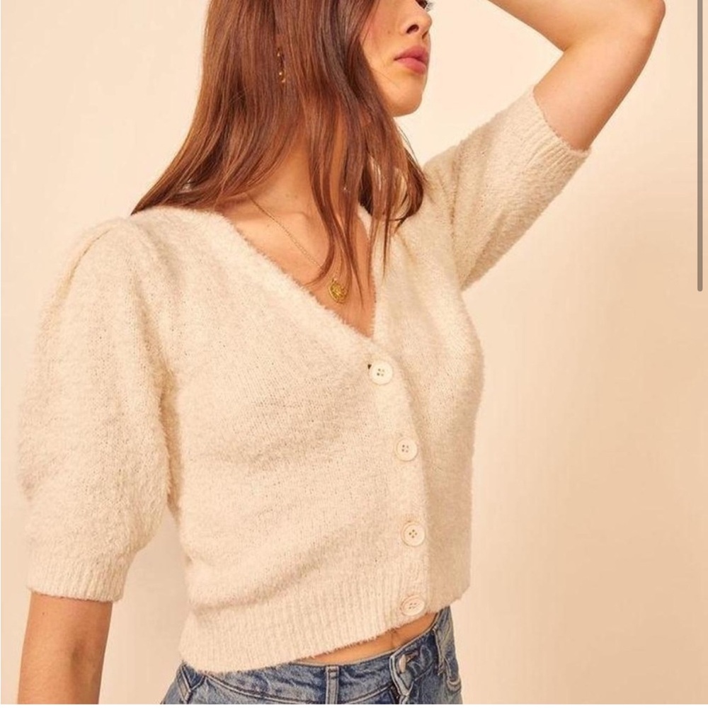 Reformation Cream Cropped Cardigan with Puff Sleeves